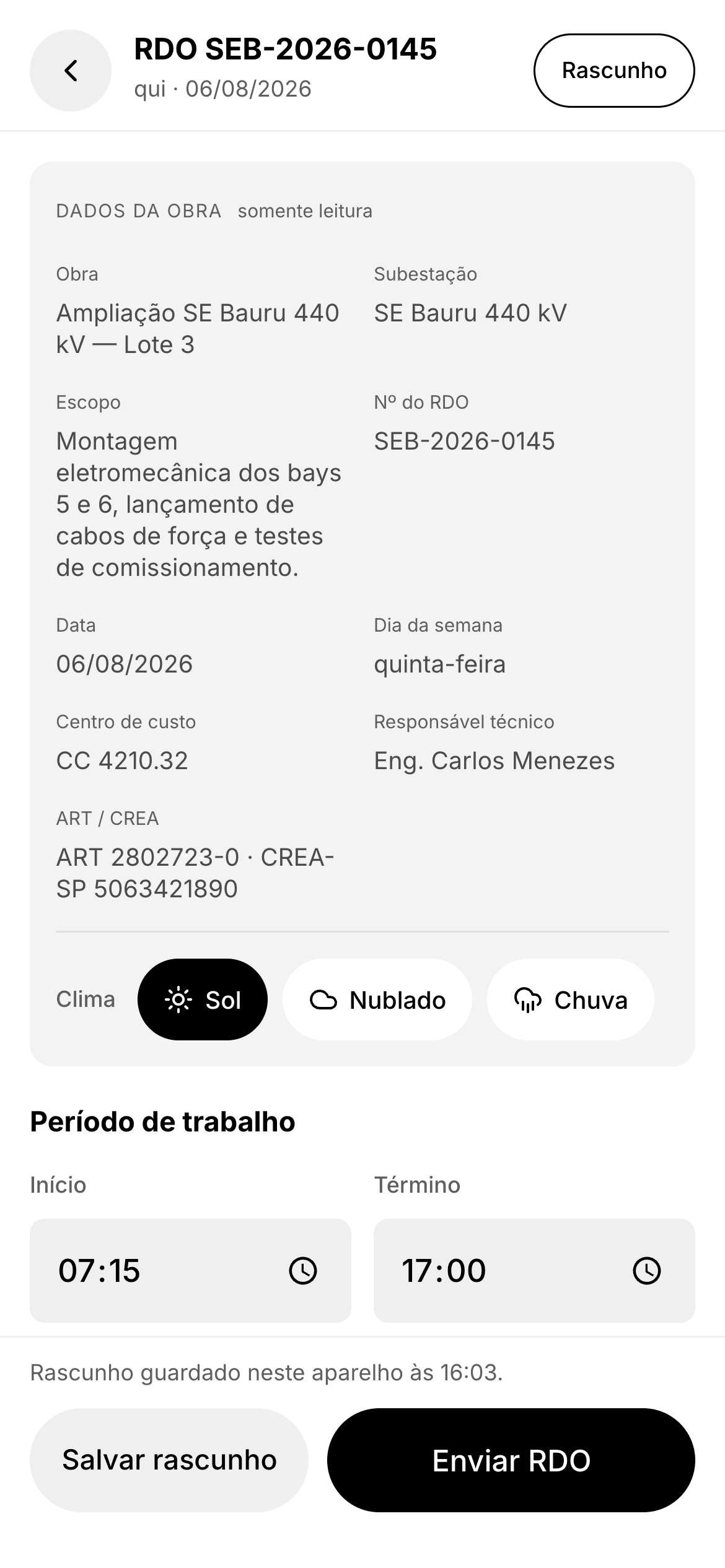 Editor do RDO no celular: dados da obra, clima e período de trabalho